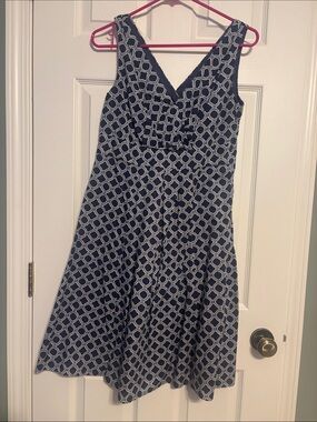 Lands' End Navy and White Geometric V-Neck Midi Dress